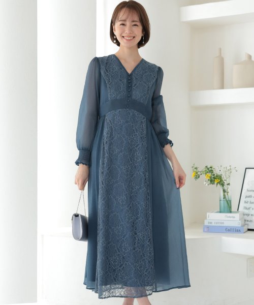 シフォン×レース切り替えワンピース 