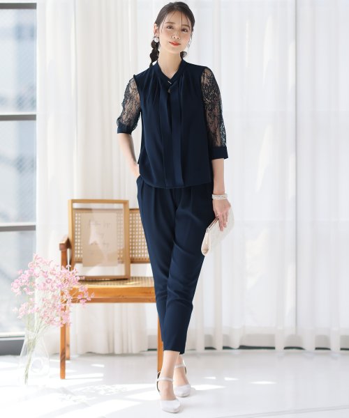 スリーブレース切り替えパンツドレス 二次会 食事会 セレモニー 発表会