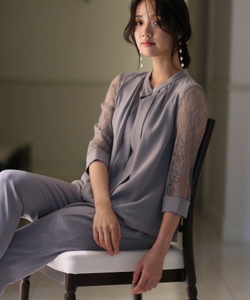 スリーブレース切り替えパンツドレス 二次会 食事会 セレモニー 発表会