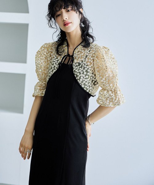 結婚式 ワンピース パーティードレス ボレロ キャミワンピ 2点セット 花柄 刺繍 レース ショート丈 リボン シアー キャンディスリーブ 羽織 ロング丈 Iラ 5cm