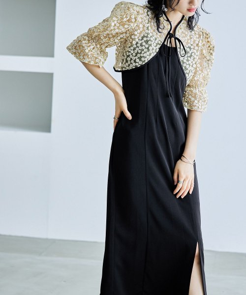 結婚式 ワンピース パーティードレス ボレロ キャミワンピ 2点セット 花柄 刺繍 レース ショート丈 リボン シアー キャンディスリーブ 羽織 ロング丈 Iラ 5cm