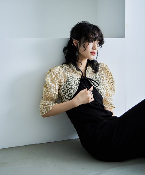 結婚式 ワンピース パーティードレス ボレロ キャミワンピ 2点セット 花柄 刺繍 レース ショート丈 リボン シアー キャンディスリーブ 羽織 ロング丈 Iラ 5cm