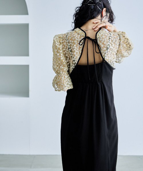 結婚式 ワンピース パーティードレス ボレロ キャミワンピ 2点セット 花柄 刺繍 レース ショート丈 リボン シアー キャンディスリーブ 羽織 ロング丈 Iラ 5cm