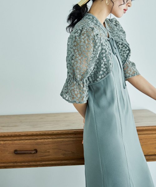 結婚式 ワンピース パーティードレス ボレロ キャミワンピ 2点セット 花柄 刺繍 レース ショート丈 リボン シアー キャンディスリーブ 羽織 ロング丈 Iラ 5cm