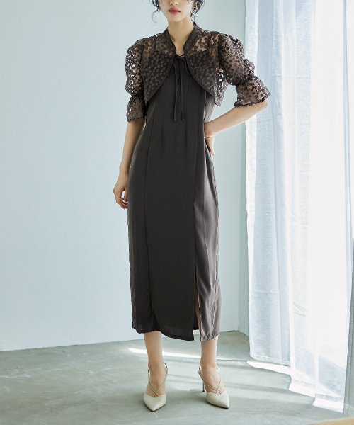 結婚式 ワンピース パーティードレス ボレロ キャミワンピ 2点セット 花柄 刺繍 レース ショート丈 リボン シアー キャンディスリーブ 羽織 ロング丈 Iラ 5cm