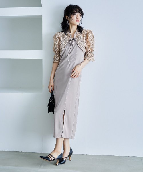 結婚式 ワンピース パーティードレス ボレロ キャミワンピ 2点セット 花柄 刺繍 レース ショート丈 リボン シアー キャンディスリーブ 羽織 ロング丈 Iラ 5cm