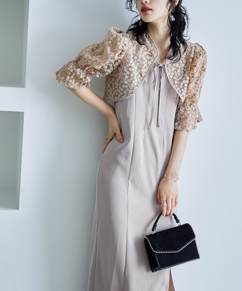 結婚式 ワンピース パーティードレス ボレロ キャミワンピ 2点セット 花柄 刺繍 レース ショート丈 リボン シアー キャンディスリーブ 羽織 ロング丈 Iラ 5cm