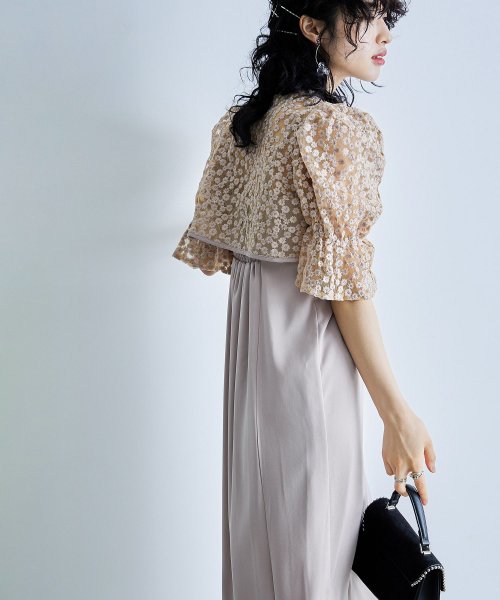 結婚式 ワンピース パーティードレス ボレロ キャミワンピ 2点セット 花柄 刺繍 レース ショート丈 リボン シアー キャンディスリーブ 羽織 ロング丈 Iラ 5cm