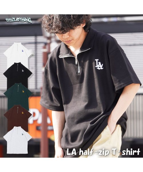 1111clothing(ワンフォークロージング)/ハーフジップ 半袖 メンズ ハーフジップシャツ 半袖 レディース ビッグシルエットTシャツ オーバーサイズ 半袖Tシャツ ワンポイント LA ロゴ 刺繍/img01