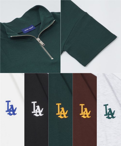 1111clothing(ワンフォークロージング)/ハーフジップ 半袖 メンズ ハーフジップシャツ 半袖 レディース ビッグシルエットTシャツ オーバーサイズ 半袖Tシャツ ワンポイント LA ロゴ 刺繍/img04