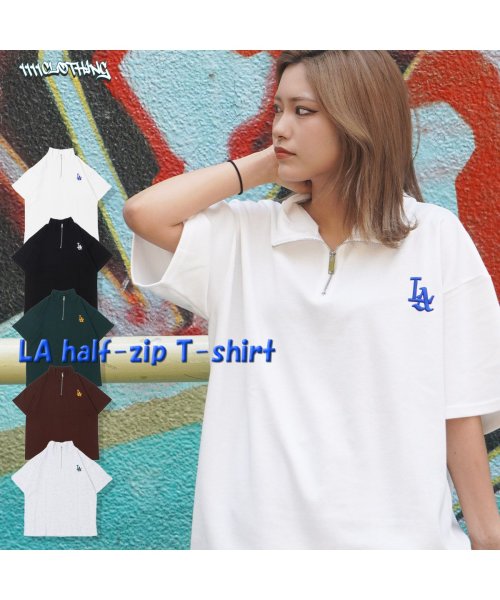 1111clothing(ワンフォークロージング)/ハーフジップ 半袖 メンズ ハーフジップシャツ 半袖 レディース ビッグシルエットTシャツ オーバーサイズ 半袖Tシャツ ワンポイント LA ロゴ 刺繍/img21