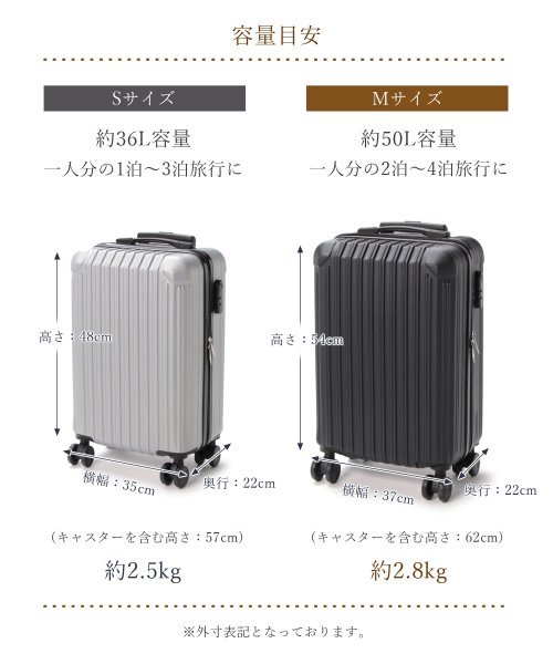 【2size展開】【軽量】スマートユニセックスキャリーケース/キャリーバッグ/スーツケース 内側：X伸縮バンド付 ファスナーポケット2カ所 360度回転＆静音ダブルキャスター