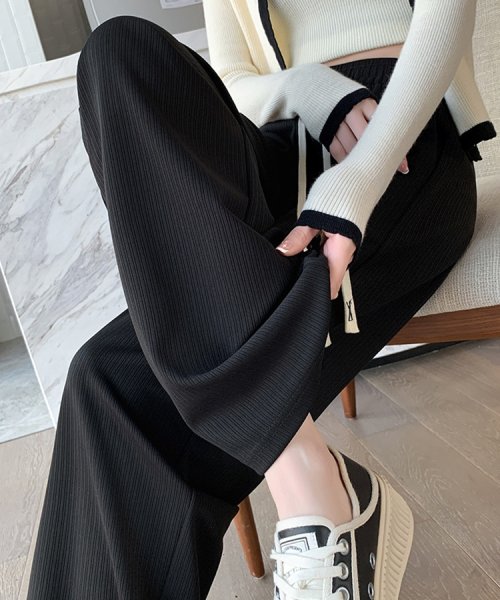 SEU(エスイイユウ)/ひんやり涼しいリブワイドパンツ ストレートパンツ 体型カバー リラックスパンツ ワンマイルウェア カジュアル 韓国ファッション/img01