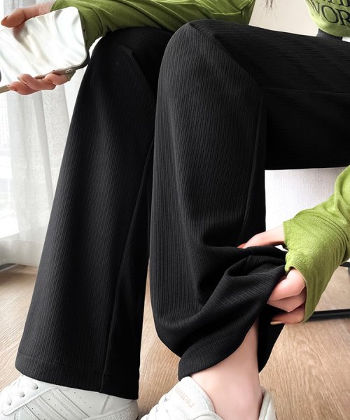 SEU(エスイイユウ)/ひんやり涼しいリブワイドパンツ ストレートパンツ 体型カバー リラックスパンツ ワンマイルウェア カジュアル 韓国ファッション/img02
