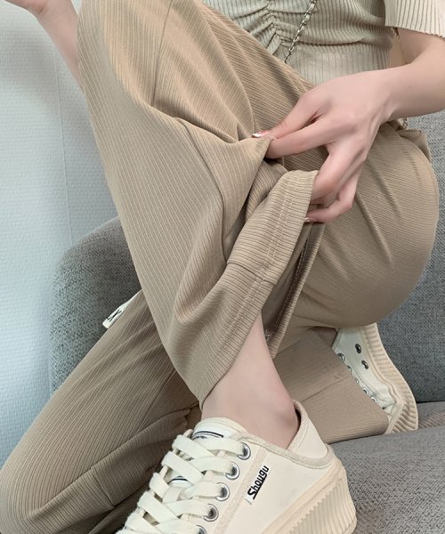 SEU(エスイイユウ)/ひんやり涼しいリブワイドパンツ ストレートパンツ 体型カバー リラックスパンツ ワンマイルウェア カジュアル 韓国ファッション/img08