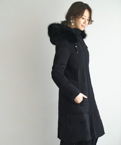 ウエストフィットロングダウンコート「D177」 ポリエステル 100％中　綿 ダウン 80％ フェザー 20％ファー部分 フォックスファー