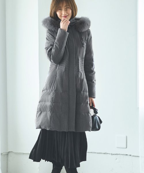ウエストフィットロングダウンコート「D177」 ポリエステル 100％中　綿 ダウン 80％ フェザー 20％ファー部分 フォックスファー