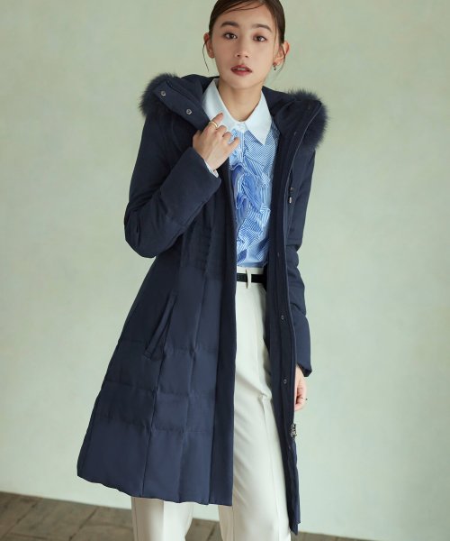 ウエストフィットロングダウンコート「D177」 ポリエステル 100％中　綿 ダウン 80％ フェザー 20％ファー部分 フォックスファー
