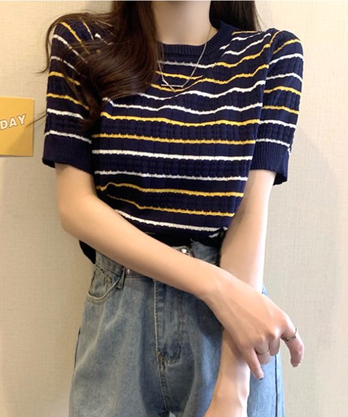 Amulet(アミュレット)/ボーダー半袖ニットトップス レディース ショート丈トップス 春 夏服 韓国ファッション 10代 20代 30代 オフィスカジュアル サマーニット 透け 可愛い/img11