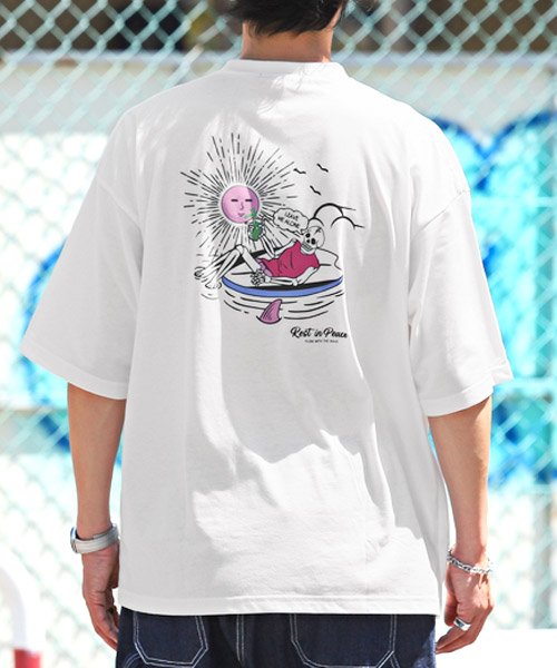 LUXSTYLE(ラグスタイル)/バックプリント刺繍スカル半袖Tシャツ/Tシャツ メンズ 半袖 ビッグシルエット ポケット ロゴ刺繍 スカル イラスト/img01
