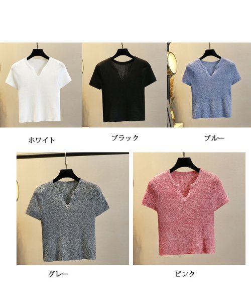 shoppinggo(ショッピングゴー)/サマーニット へそ出し トップス Vネック クロップド丈 Tシャツ レディース きれいめ ショート丈トップス ニットソー/img02