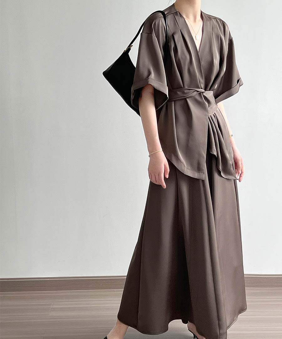 Satin Waist Tie Blouse Skirt Setup 29062 サテンウエストタイ