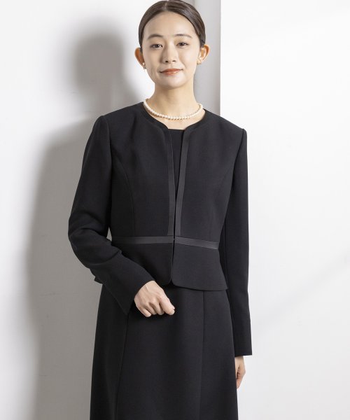 セール】【喪服】【洗える】ノーカラーフレアワンピース ブラック  