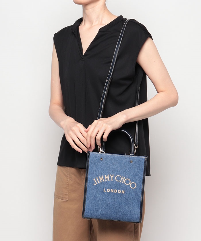 【JIMMY CHOO】ジミーチュウ ロゴ刺繍入りウォッシュデニム・ロゴトートバッグ VARENNETOTE NS AKZ