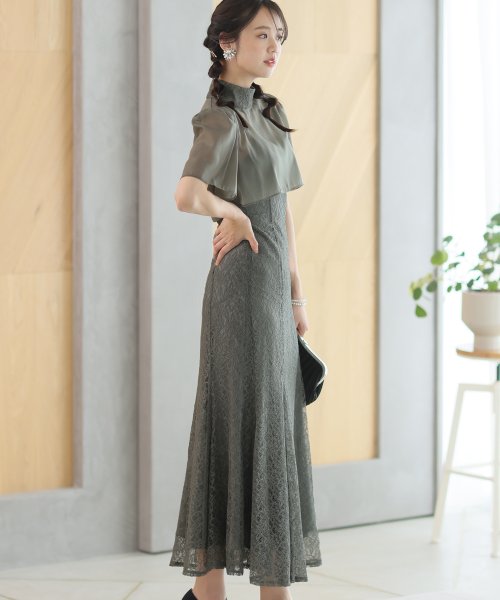 レース×オーガンジー切り替えブラウス付きマーメイドワンピース レース地