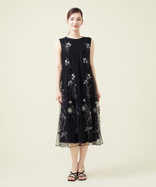 フラワー刺繍チュールノースリーブドレス 