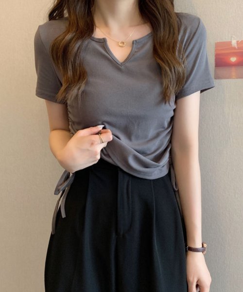 サイドドロストリボンシャツ 春 夏服 秋 韓国ファッション 10代 20代 30代 黒 Tシャツ レディース 無地 シンプル トップス 半袖 人気・おすすめ｜使いやすい・旅行におすすめ セール中 全国発送 即出荷モデル