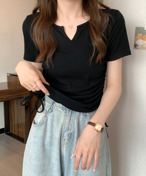 サイドドロストリボンシャツ 春 夏服 秋 韓国ファッション 10代 20代 30代 黒 Tシャツ レディース 無地 シンプル トップス 半袖 人気・おすすめ｜使いやすい・旅行におすすめ セール中 全国発送 即出荷モデル