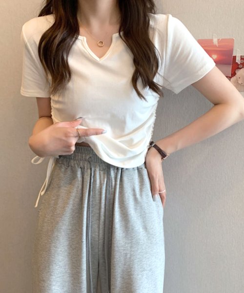 サイドドロストリボンシャツ 春 夏服 秋 韓国ファッション 10代 20代 30代 黒 Tシャツ レディース 無地 シンプル トップス 半袖 人気・おすすめ｜使いやすい・旅行におすすめ セール中 全国発送 即出荷モデル