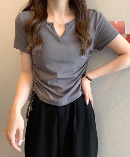 サイドドロストリボンシャツ 春 夏服 秋 韓国ファッション 10代 20代 30代 黒 Tシャツ レディース 無地 シンプル トップス 半袖 人気・おすすめ｜使いやすい・旅行におすすめ セール中 全国発送 即出荷モデル