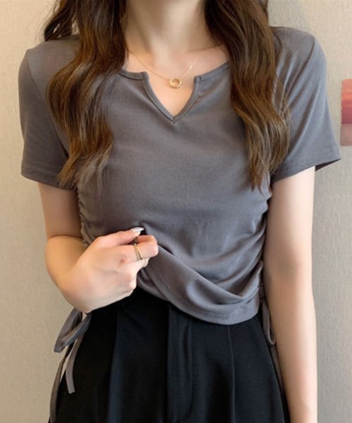 サイドドロストリボンシャツ 春 夏服 秋 韓国ファッション 10代 20代 30代 黒 Tシャツ レディース 無地 シンプル トップス 半袖 人気・おすすめ｜使いやすい・旅行におすすめ セール中 全国発送 即出荷モデル