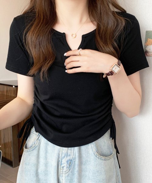 サイドドロストリボンシャツ 春 夏服 秋 韓国ファッション 10代 20代 30代 黒 Tシャツ レディース 無地 シンプル トップス 半袖 人気・おすすめ｜使いやすい・旅行におすすめ セール中 全国発送 即出荷モデル