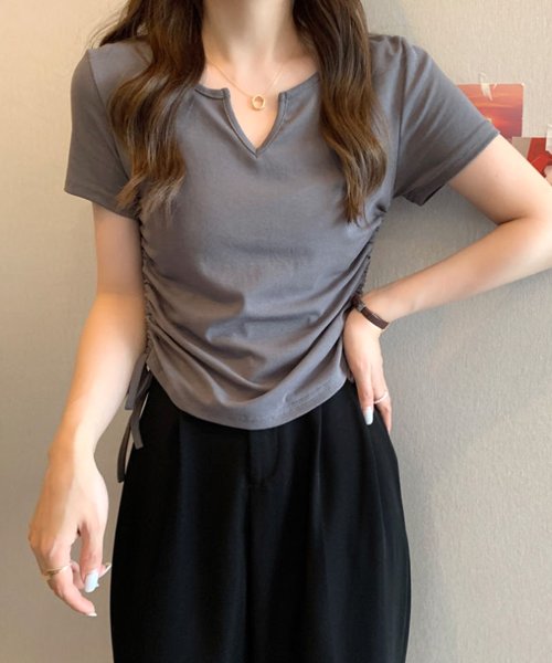 サイドドロストリボンシャツ 春 夏服 秋 韓国ファッション 10代 20代 30代 黒 Tシャツ レディース 無地 シンプル トップス 半袖 人気・おすすめ｜使いやすい・旅行におすすめ セール中 全国発送 即出荷モデル