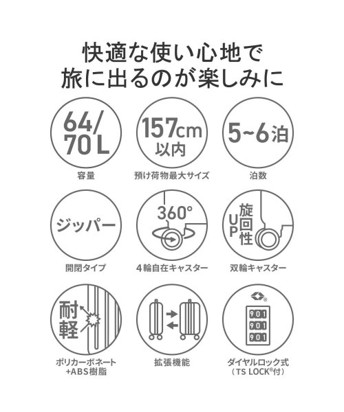 ACE(エース)/エース スーツケース ACE クレスタ キャリーケース 軽量 ace 64L 70L 拡張 5泊 6泊 双輪 4輪 TSロック Mサイズ ファスナー 06317/img05