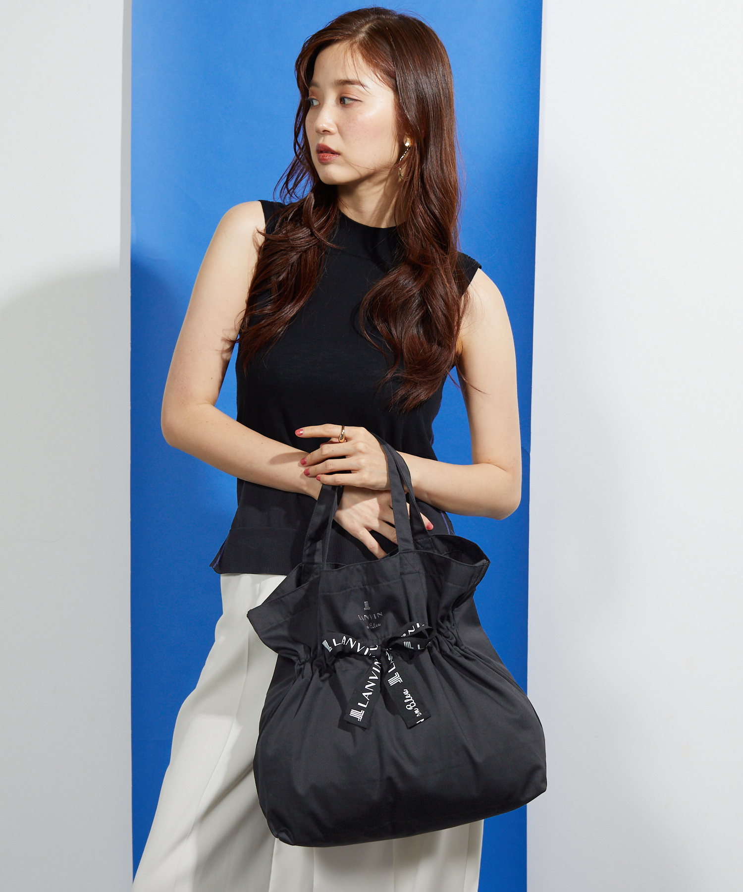 【リボンが可愛い♡】LANVIN サリーロゴエコバッグ リボンが可愛い♡】LANVIN サリーロゴエコバッグ