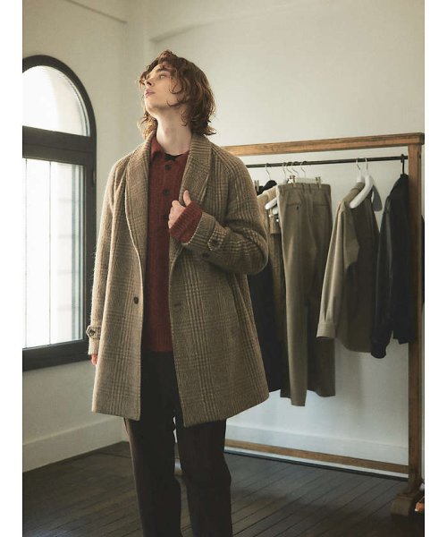 【MANTECO】チェック柄 ウール ショールカラー ハーフコート / チェスタ 