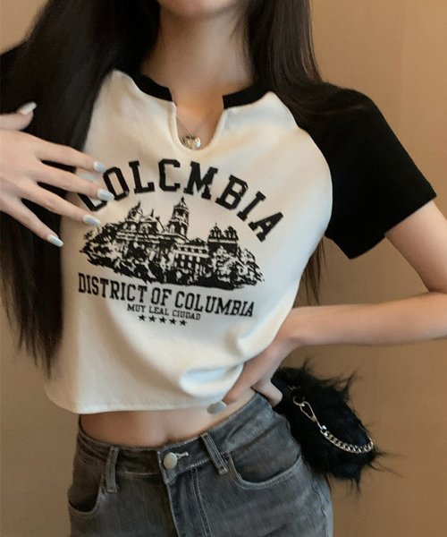 shopnikoniko(ショップにこにこ)/スリットネック クロップド丈 チビTシャツ ma 【即納】 トップス Tシャツ カットソー チビT 半袖 ラグラン ショート丈 ミニ丈 Vネック ヘンリーネック/img06