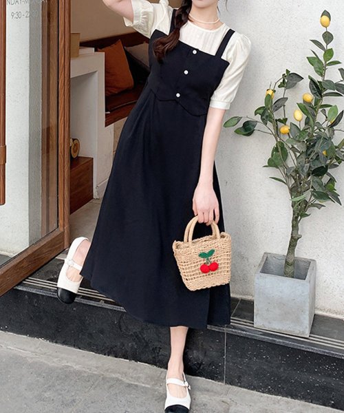 Dewlily(デューリリー)/ジャンパースカート風ワンピース 韓国ファッション 10代 20代 30代 可愛い ナチュラル 女性らしい 重ね着風 ドッキングワンピース/img02