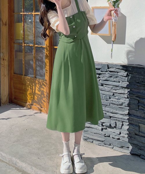 Dewlily(デューリリー)/ジャンパースカート風ワンピース 韓国ファッション 10代 20代 30代 可愛い ナチュラル 女性らしい 重ね着風 ドッキングワンピース/img03