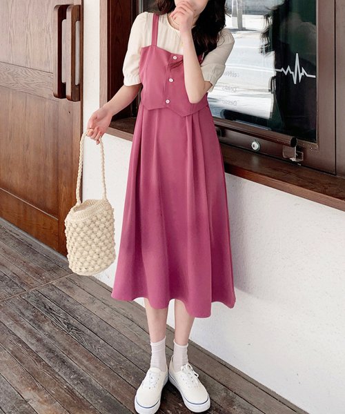 Dewlily(デューリリー)/ジャンパースカート風ワンピース 韓国ファッション 10代 20代 30代 可愛い ナチュラル 女性らしい 重ね着風 ドッキングワンピース/img04