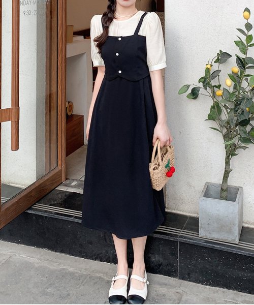 Dewlily(デューリリー)/ジャンパースカート風ワンピース 韓国ファッション 10代 20代 30代 可愛い ナチュラル 女性らしい 重ね着風 ドッキングワンピース/img05