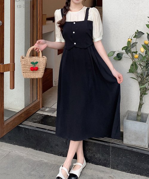 Dewlily(デューリリー)/ジャンパースカート風ワンピース 韓国ファッション 10代 20代 30代 可愛い ナチュラル 女性らしい 重ね着風 ドッキングワンピース/img07