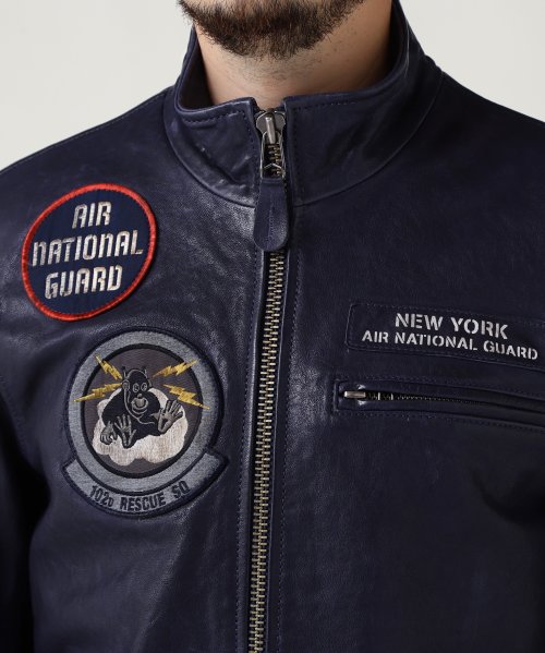 AGED LEATHER STAND ZIP RIDERS JACKET A.N.G. LEATHER STAND ZIP RIDERS JACKET AIR NATIONAL エア ナショナル ガード