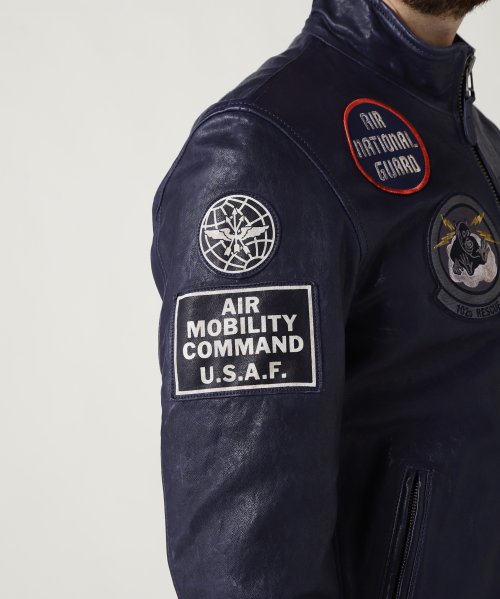 AGED LEATHER STAND ZIP RIDERS JACKET A.N.G. LEATHER STAND ZIP RIDERS JACKET AIR NATIONAL エア ナショナル ガード