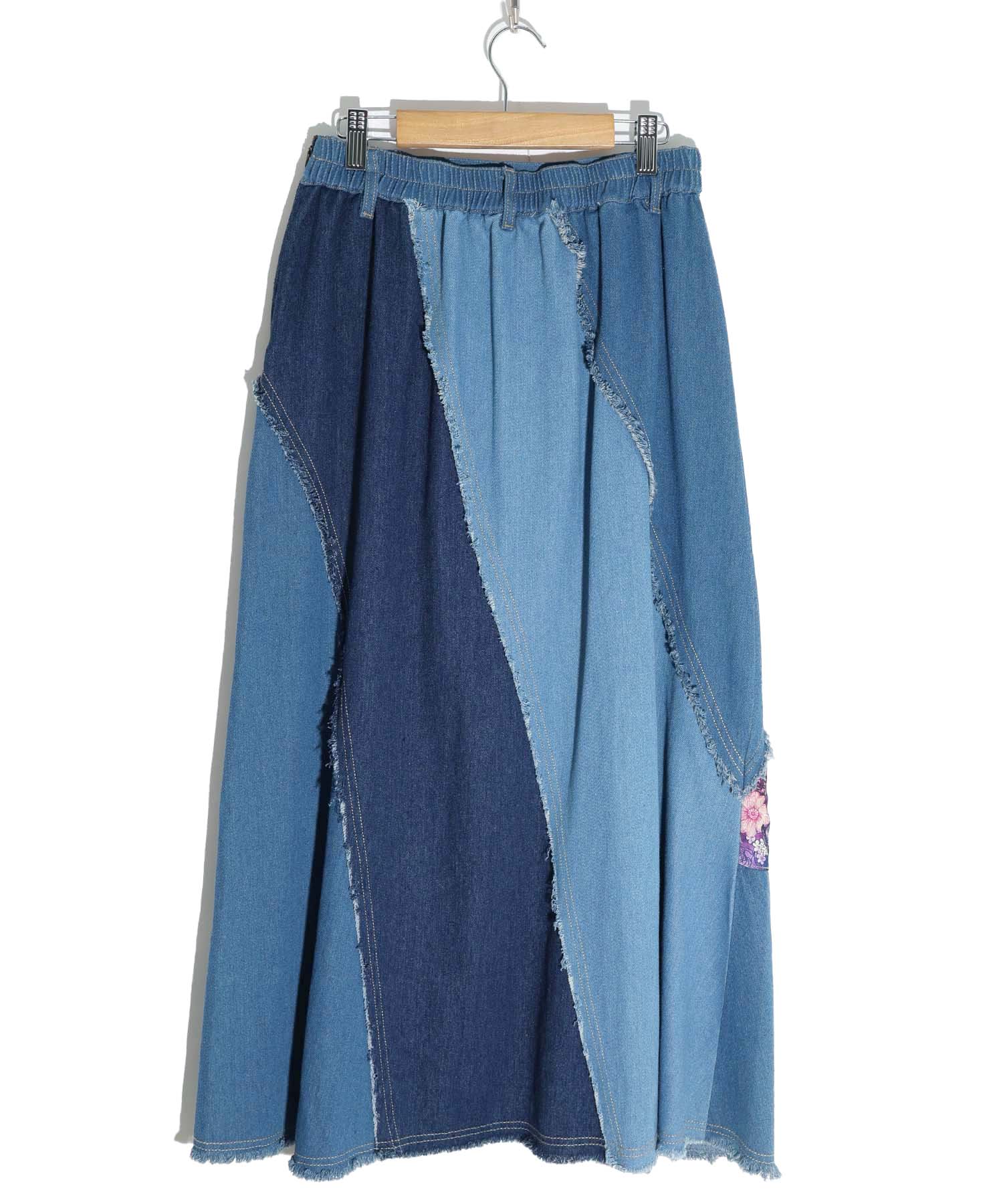 スカラー132709：キノコスカーフ×メルヘン柄アップリケデニム切替スカート