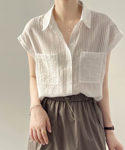 ARGO TOKYO(アルゴトウキョウ)/French Sleeve Big Pocket Stripe Blouse　23062 フレンチスリーブビッグポケットストライプブラウス　ストライプブラウス　/img04